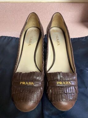 Prada Brown Leather Fringe Block Heel Loafers with Gold Logo